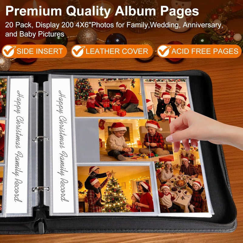 Zofly Zippered Binder Photo Album 4x6 – 20 Pack 4x6 Page Protectors in Leather Wallet, Holds 200 Horizontal & Vertical Photos, Large Capacity Photo Albums Book for Family Wedding Anniversary Baby, Black - Image 4
